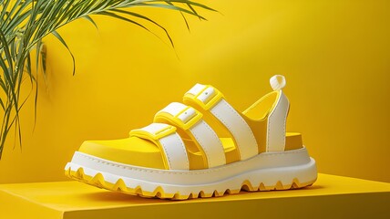Classic themed sandals with tree decoration on the left and a yellow background 