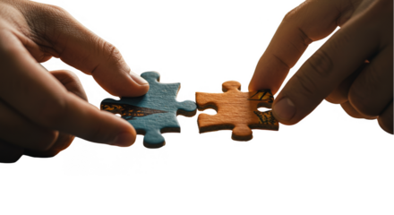 Hand Connecting Blue and Orange Jigsaw Puzzle Pieces Transparent Background