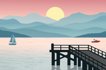 Tropical Lake Sunset with Pier and Boats Against Vibrant Sky and Misty Mountains Under a Glowing Sun. Peaceful Nature Illustration at Dusk
