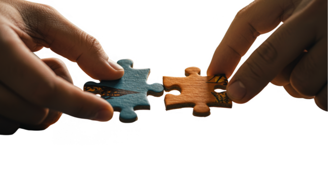 Hand Connecting Blue and Orange Jigsaw Puzzle Pieces Transparent Background