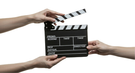 Hands Holding Clapperboard for Film Slate Movie Production Transparent Background