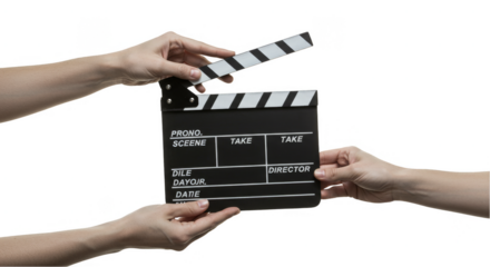 Hands Holding Clapperboard for Film Slate Movie Production Transparent Background