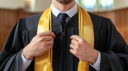 Male graduate adjusting gold honor cords while wearing cap and gown  