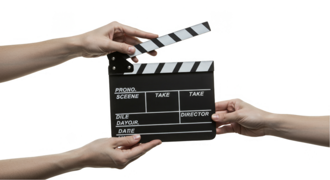 Hands Holding Clapperboard for Film Slate Movie Production Transparent Background