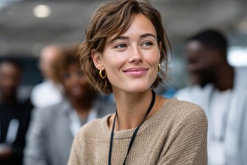 A joyful young woman is smiling while engaged in conversation, reflecting the bond and connection that laughter and communication can foster among people.