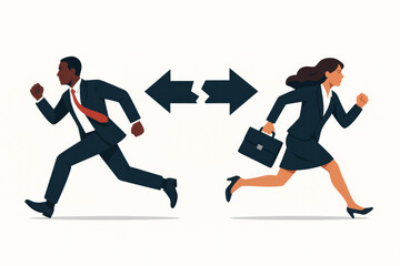 Business conflict concept corporate disagreement metaphor professional man woman running opposite directions competition rivalry team division business people different paths