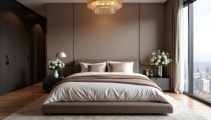 Modern luxury bedroom with city view, elegant decor, and serene atmosphere during daylight hours