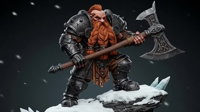 A powerful dwarf warrior stands atop a snowy rock, wielding a massive axe with fierce determination