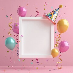3D rendering of a cute birthday party frame with balloons, confetti, and a hat on a pink background. Blank white square photo or poster template for advertising. Birthday concept design illustration.
