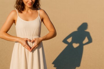 Young woman in white summer dress making heart shape with hands on her belly
