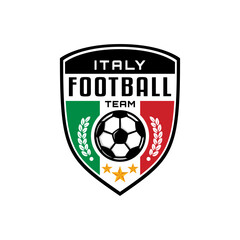 shield shape football logo badge with a italian flag color and soccer ball illustration. sport team logo vector template