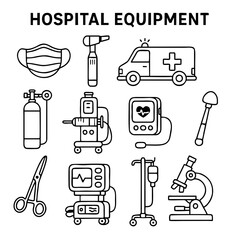 Detailed Hospital Line Art Icons Set – 12 Medical Tools