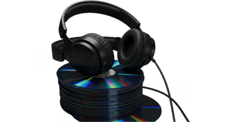 Illustration Black Headphones Placed on Cds Stack Over Transparent Background