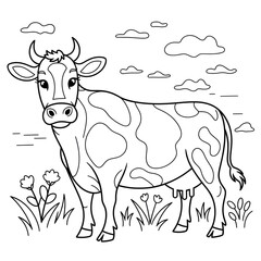A black and white cow illustration line art of a coloring page