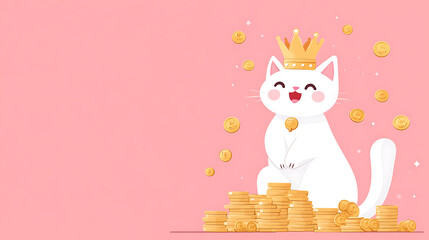 A playful illustration of a white cat wearing a golden crown, seated on a stack of coins, with gold coins falling against a pink background.