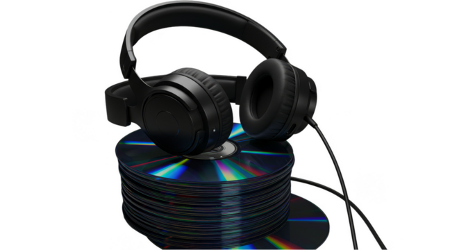 Illustration Black Headphones Placed on Cds Stack Over Transparent Background
