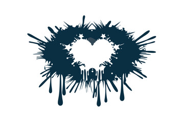 Ink Heart Shape, Grunge Splatter with Stars and Drips, Isolated on White