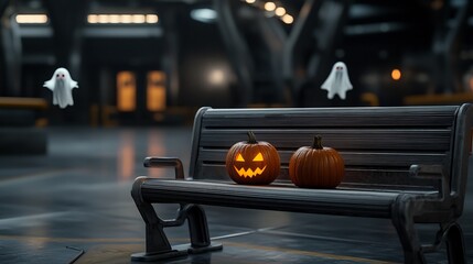 Halloween pumpkins on a bench in a futuristic setting