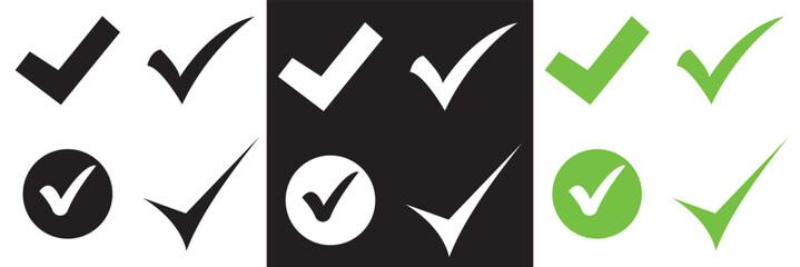 Check Mark icon set.  Green, white and black check mark icon. Tick symbol. Correct vote choice symbol. Isolated on white and black background. Vector illustration.  EPS 10