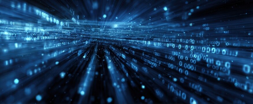 The dynamic flow of binary data in a futuristic digital landscape.
