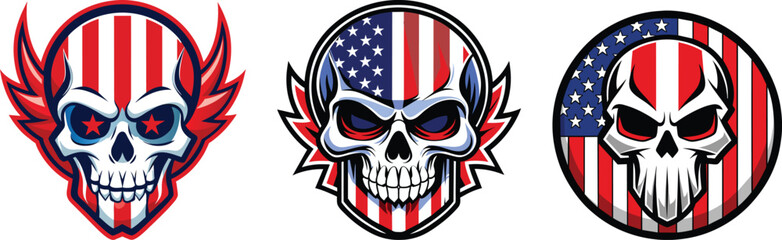 Fototapeta premium set of skulls with USA flag design vector illustration