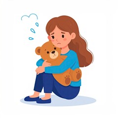 Vector Illustration. a sad lost girl with his teddy bear isolated on white backgroun