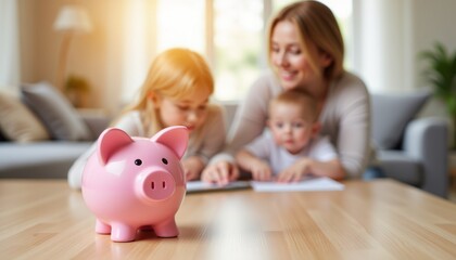 A woman and two children are sitting around a table with a pink piggy bank on it