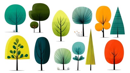Obraz premium Cartoon trees in playful colors, vector flat forest elements for kids