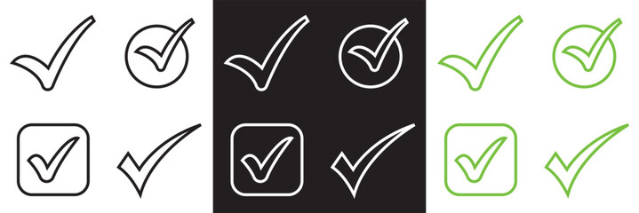 Check Mark icon set.  Green, white and black check mark icon. Tick symbol. Correct vote choice symbol. Isolated on white and black background. Vector illustration.  EPS 10