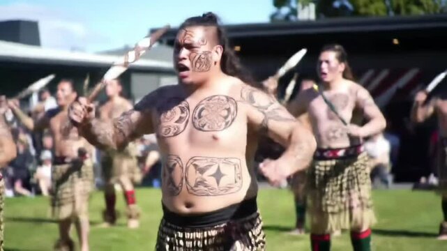 Maori Warrior Dance, Tattooed Chest, Traditional Weapon, Cultural Performance