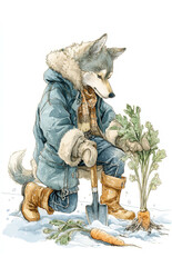 Anthropomorphic Wolf Gardener in Winter Coat Harvesting Carrots on a Snowy Field