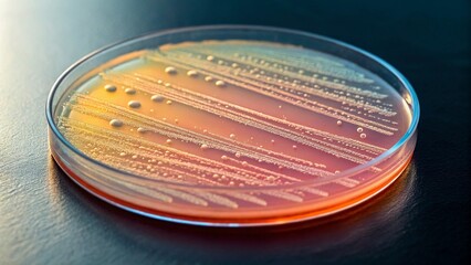 This close-up shot captures vibrant colonies of "bacteria" growing on an agar plate within a "petri dish", with a blurred microscope eyepiece in the background