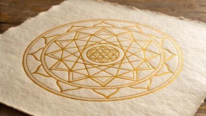 A beautiful "Sri Yantra" geometric design in shimmering gold is intricately detailed on a textured, light-colored paper or parchment
