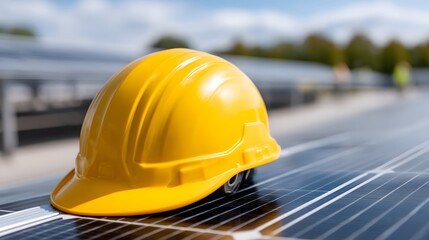 Construction helmet resting on solar panel, merging infrastructure and green energy