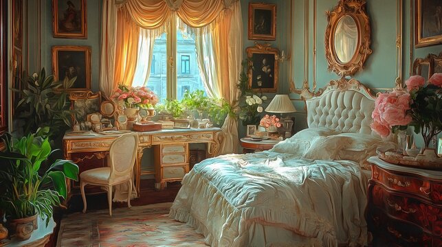 Design an antique style bedroom featuring a vintage vanity ornate frames and soft pastel tones blending elegance and comfort interior - Powered by Adobe