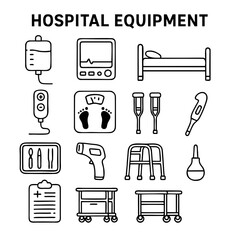 Essential Medical Equipment Vector Icons - Black and White Line Art