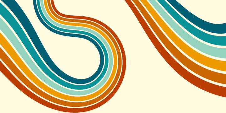 Abstract background of rainbow groovy Wavy Line design in 1970s Hippie Retro style. Vector pattern ready to use for cloth, textile, wrap and other.