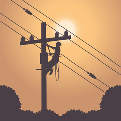 illustration of lineman with electrical installation on the city for electrical service vector