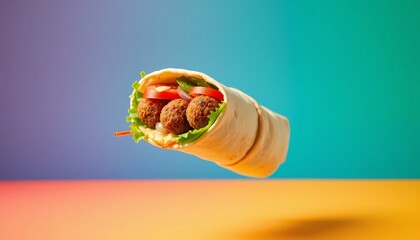 Mouthwatering wrap with tasty ingredients floating