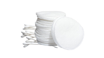 Cotton pads and swabs stacked together on a white background, showcasing essential beauty and personal care items for skincare routines and makeup application