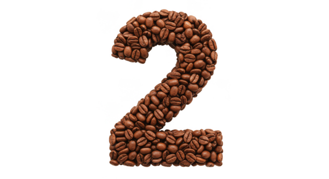 Illustration Number Two Made of Coffee Beans in Transparent Background