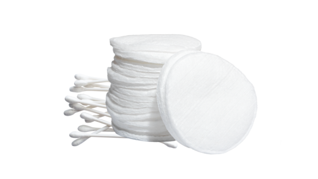 Cotton pads and swabs stacked together on a white background, showcasing essential beauty and personal care items for skincare routines and makeup application
