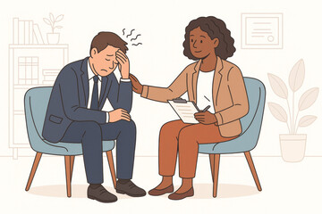 Mental health therapy counseling session support. Stressed businessman receiving psychological treatment from professional female therapist. Psychology emotional wellness consultation office concept