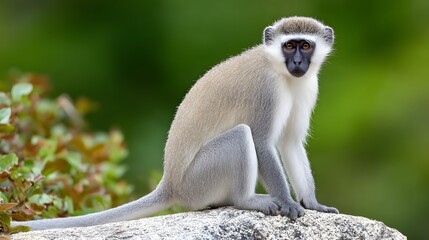 Obraz premium Vervet monkey sitting alert on rock in natural environment