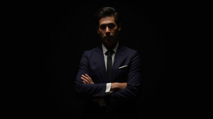Obraz premium Confident man in dark suit stands with arms crossed against black background, exuding sense of mystery and sophistication
