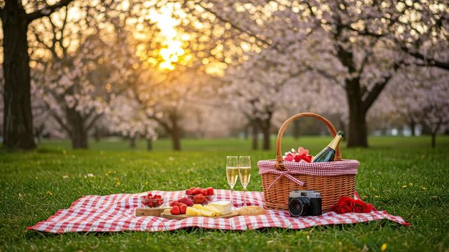Romantic picnic in spring blossom garden: basket, champagne, camera, strawberries and cheese setup