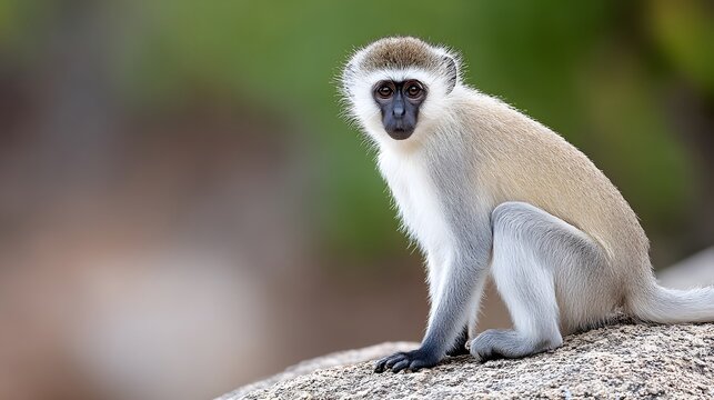 Vervet monkey sitting alert on a rock in the wild