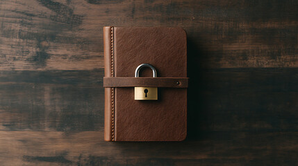 Locked Journal: Security and Privacy. A brown leather journal is secured with a padlock on a wooden surface. Protecting thoughts, ideas, and secrets.