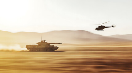 Tank and Helicopter Maneuvers: The tank speeds across the desert landscape as the helicopter takes flight in the horizon during a simulation or exercise.