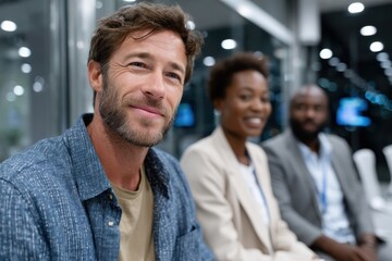 Fototapeta premium A smiling man in a blue shirt, sitting with diverse colleagues at a networking event, embodying professionalism, collaboration, and engagement in a contemporary environment.